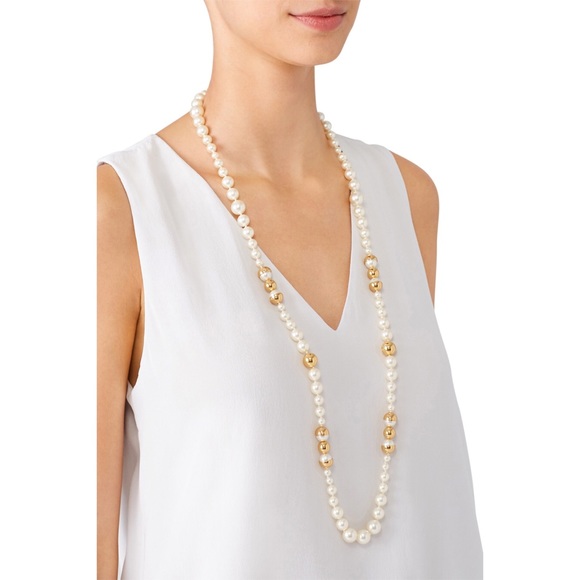 TORY BURCH • Capped Crystal Pearl Long Necklace - Picture 5 of 15